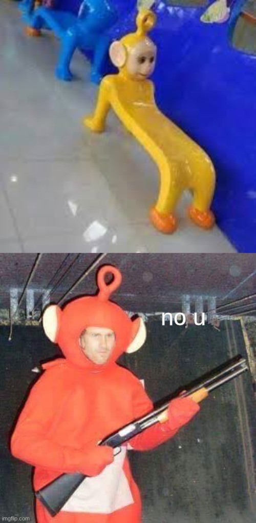 wot | no u | image tagged in teletubbies,why,bench,stupid designs,memes,funny | made w/ Imgflip meme maker