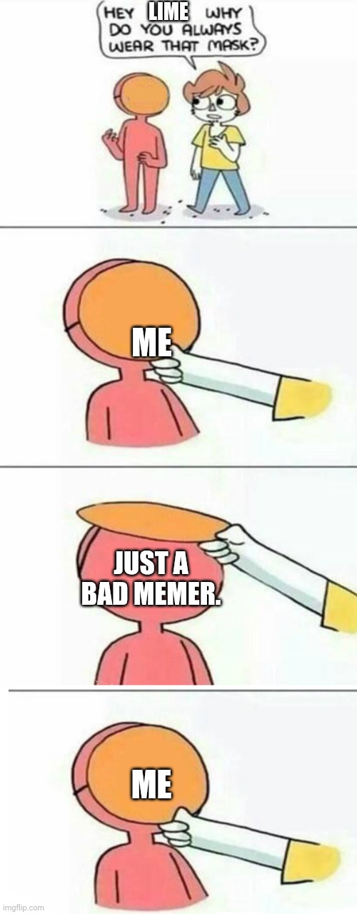 Sadness. | LIME; ME; JUST A BAD MEMER. ME | image tagged in why do you wear that mask,sad,depression_memes | made w/ Imgflip meme maker