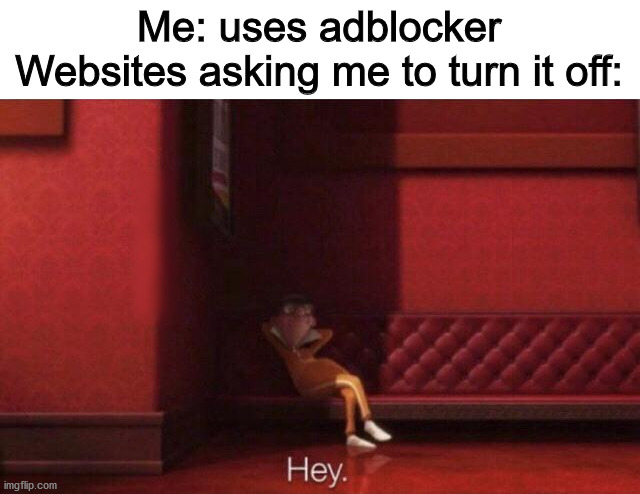 Just let me use my ADBLOCKER! | Me: uses adblocker
Websites asking me to turn it off: | image tagged in hey | made w/ Imgflip meme maker