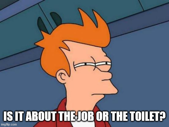 Futurama Fry Meme | IS IT ABOUT THE JOB OR THE TOILET? | image tagged in memes,futurama fry | made w/ Imgflip meme maker