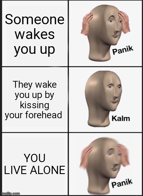Panik Kalm Panik Meme | Someone wakes you up; They wake you up by kissing your forehead; YOU LIVE ALONE | image tagged in memes,panik kalm panik | made w/ Imgflip meme maker