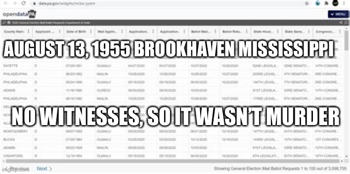 No witness no crime, Democrat mantra | AUGUST 13, 1955 BROOKHAVEN MISSISSIPPI; NO WITNESSES, SO IT WASN’T MURDER | image tagged in voter fraud,biden,cheaters | made w/ Imgflip meme maker