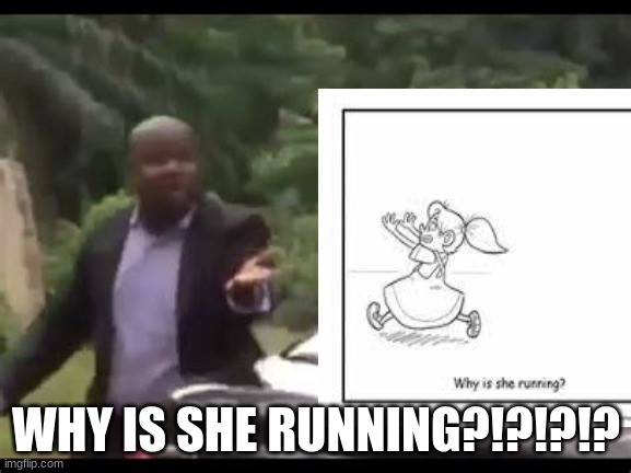 Why ARE you running? | WHY IS SHE RUNNING?!?!?!? | image tagged in why are you running,memes | made w/ Imgflip meme maker