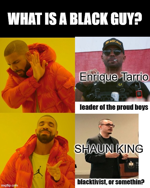 black guy | WHAT IS A BLACK GUY? Enrique Tarrio; leader of the proud boys; SHAUN KING; blacktivist, or somethin? | image tagged in memes,drake hotline bling,black lives matter | made w/ Imgflip meme maker