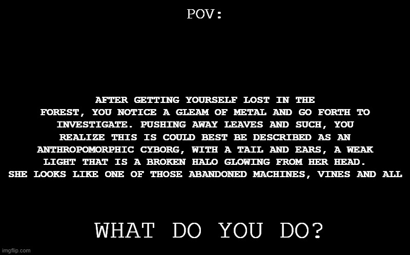 Gonna give the POV Rp's a try. | POV:; AFTER GETTING YOURSELF LOST IN THE FOREST, YOU NOTICE A GLEAM OF METAL AND GO FORTH TO INVESTIGATE. PUSHING AWAY LEAVES AND SUCH, YOU REALIZE THIS IS COULD BEST BE DESCRIBED AS AN ANTHROPOMORPHIC CYBORG, WITH A TAIL AND EARS, A WEAK LIGHT THAT IS A BROKEN HALO GLOWING FROM HER HEAD. SHE LOOKS LIKE ONE OF THOSE ABANDONED MACHINES, VINES AND ALL; WHAT DO YOU DO? | image tagged in black screen | made w/ Imgflip meme maker