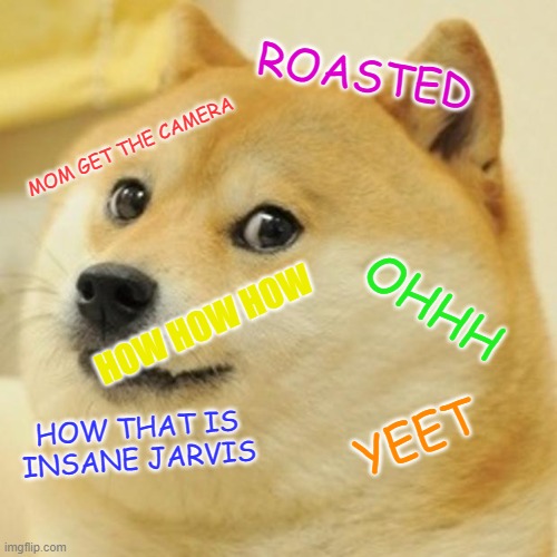 MOM GET THE CAMERA | ROASTED; MOM GET THE CAMERA; OHHH; HOW HOW HOW; HOW THAT IS INSANE JARVIS; YEET | image tagged in memes,doge | made w/ Imgflip meme maker