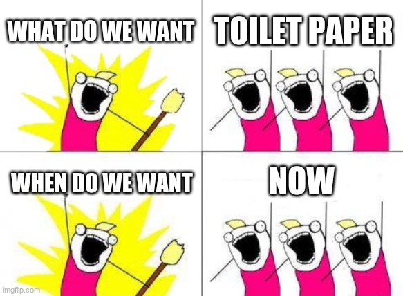 Toilet Paper Time | WHAT DO WE WANT; TOILET PAPER; NOW; WHEN DO WE WANT | image tagged in memes,what do we want,toilet paper | made w/ Imgflip meme maker