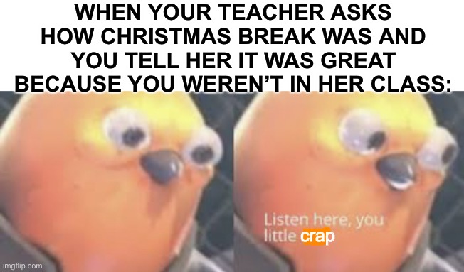 Same applies with jobs. | WHEN YOUR TEACHER ASKS HOW CHRISTMAS BREAK WAS AND YOU TELL HER IT WAS GREAT BECAUSE YOU WEREN’T IN HER CLASS:; crap | image tagged in funny,christmas,back to school,listen here you little crap,memes,teachers | made w/ Imgflip meme maker