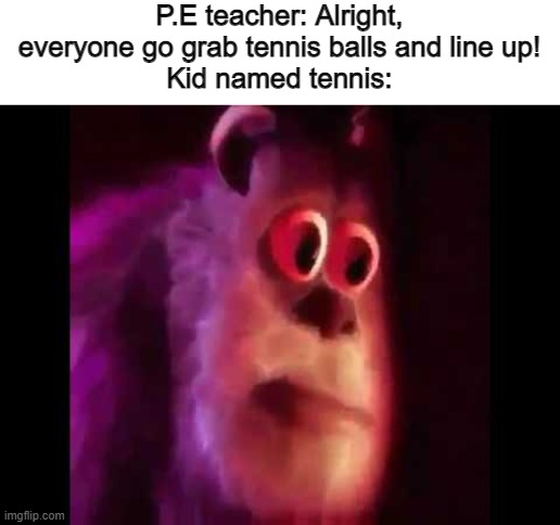 Oh shi- | P.E teacher: Alright, everyone go grab tennis balls and line up!
Kid named tennis: | image tagged in sully groan | made w/ Imgflip meme maker