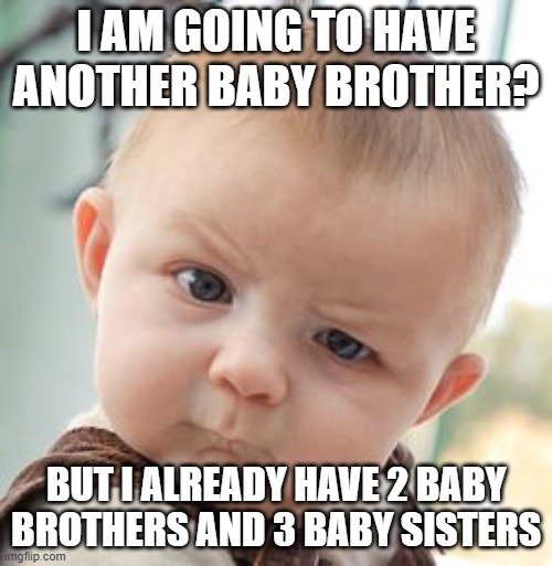 Skeptical Baby Meme | I AM GOING TO HAVE ANOTHER BABY BROTHER? BUT I ALREADY HAVE 2 BABY BROTHERS AND 3 BABY SISTERS | image tagged in memes,skeptical baby | made w/ Imgflip meme maker