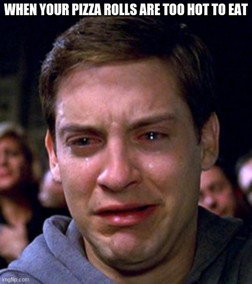 crying peter parker | WHEN YOUR PIZZA ROLLS ARE TOO HOT TO EAT | image tagged in crying peter parker | made w/ Imgflip meme maker