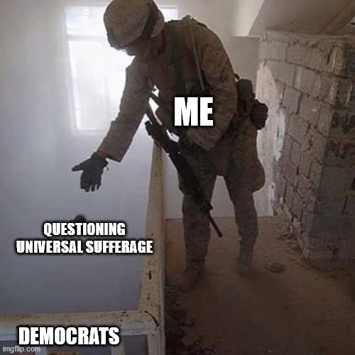 It's not like your vote matters anyway | ME; QUESTIONING UNIVERSAL SUFFERAGE; DEMOCRATS | image tagged in grenade drop | made w/ Imgflip meme maker
