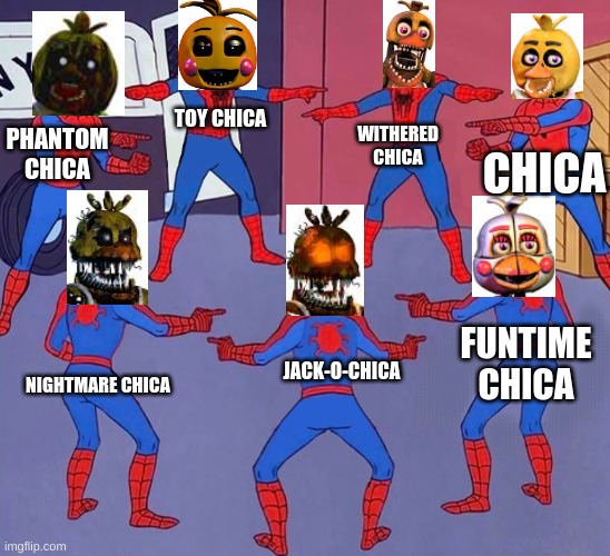 i added the names for the newbies | WITHERED CHICA; TOY CHICA; CHICA; PHANTOM CHICA; FUNTIME CHICA; JACK-O-CHICA; NIGHTMARE CHICA | image tagged in same spider man 7,fnaf,fnaf 2,fnaf 3,fnaf 4,fnaf sister location | made w/ Imgflip meme maker