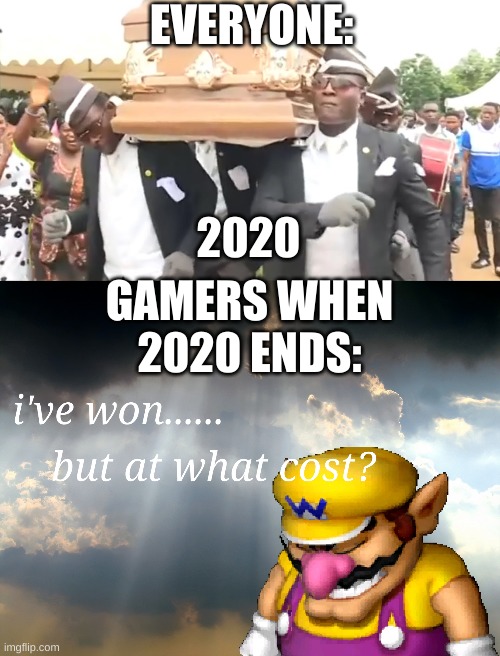 EVERYONE: 2020 GAMERS WHEN 2020 ENDS: | image tagged in coffin dance,i have won but at what cost | made w/ Imgflip meme maker