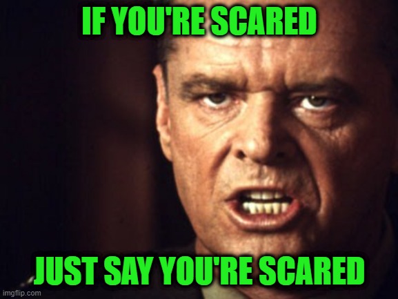 Enough with the Excuses | IF YOU'RE SCARED; JUST SAY YOU'RE SCARED | image tagged in you can't handle the truth | made w/ Imgflip meme maker