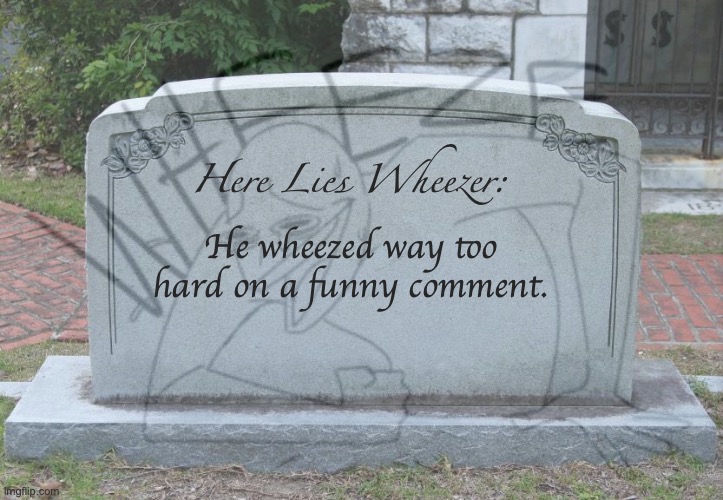 Died from wheezing too hard. | Here Lies Wheezer: He wheezed way too hard on a funny comment. | image tagged in wheeze,here lies x,died,funny,comment,dark humor | made w/ Imgflip meme maker
