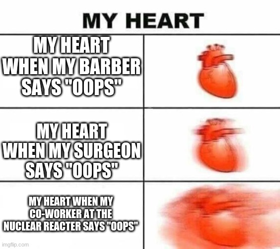 Oh no! | MY HEART WHEN MY BARBER SAYS "OOPS"; MY HEART WHEN MY SURGEON SAYS "OOPS"; MY HEART WHEN MY CO-WORKER AT THE NUCLEAR REACTER SAYS "OOPS" | image tagged in my heart blank | made w/ Imgflip meme maker