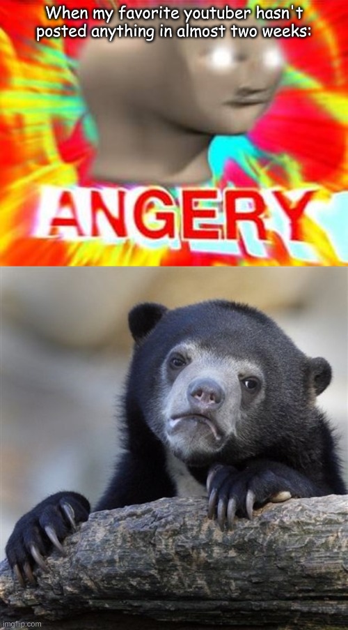 I'm worried because she usually posts every 4-5 days | When my favorite youtuber hasn't posted anything in almost two weeks: | image tagged in surreal angery,memes,confession bear | made w/ Imgflip meme maker