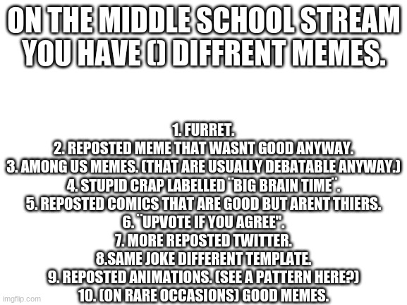 You cant argue against this. | ON THE MIDDLE SCHOOL STREAM YOU HAVE () DIFFRENT MEMES. 1. FURRET.
2. REPOSTED MEME THAT WASNT GOOD ANYWAY.
3. AMONG US MEMES. (THAT ARE USUALLY DEBATABLE ANYWAY.)
4. STUPID CRAP LABELLED ¨BIG BRAIN TIME¨.
5. REPOSTED COMICS THAT ARE GOOD BUT ARENT THIERS.
6. ¨UPVOTE IF YOU AGREE".
7. MORE REPOSTED TWITTER.
8.SAME JOKE DIFFERENT TEMPLATE.
9. REPOSTED ANIMATIONS. (SEE A PATTERN HERE?)
10. (ON RARE OCCASIONS) GOOD MEMES. | image tagged in blank white template,the scroll of truth | made w/ Imgflip meme maker