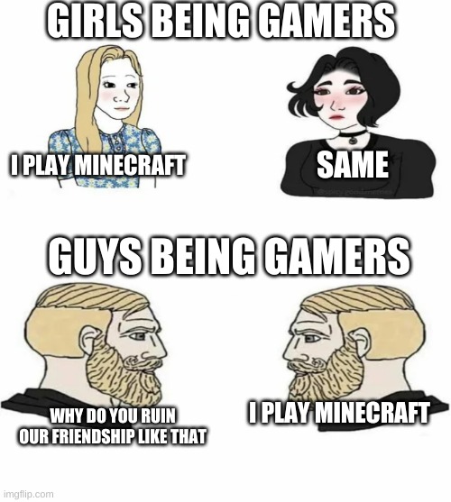 gamers | GIRLS BEING GAMERS; I PLAY MINECRAFT; SAME; GUYS BEING GAMERS; I PLAY MINECRAFT; WHY DO YOU RUIN OUR FRIENDSHIP LIKE THAT | image tagged in boys vs girls | made w/ Imgflip meme maker