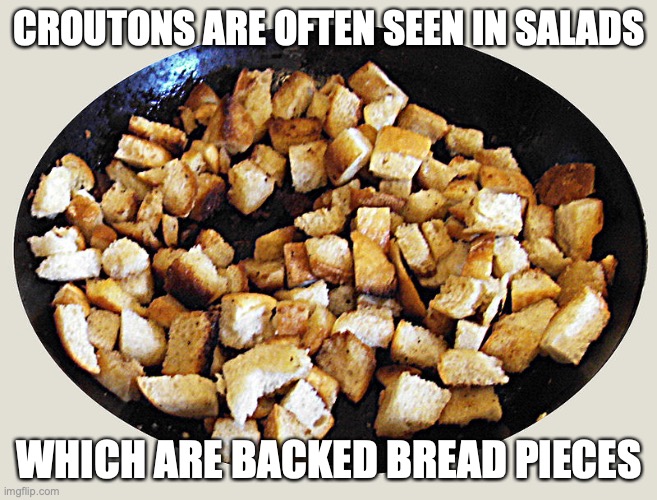 Croutons | CROUTONS ARE OFTEN SEEN IN SALADS; WHICH ARE BACKED BREAD PIECES | image tagged in crouton,food,memes | made w/ Imgflip meme maker