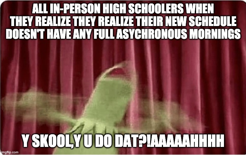 cant skool no more ;-; | ALL IN-PERSON HIGH SCHOOLERS WHEN THEY REALIZE THEY REALIZE THEIR NEW SCHEDULE DOESN'T HAVE ANY FULL ASYCHRONOUS MORNINGS; Y SKOOL,Y U DO DAT?!AAAAAHHHH | image tagged in kermit the frog meme | made w/ Imgflip meme maker