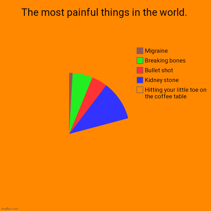 MY TOE!!!! | The most painful things in the world. | Hitting your little toe on the coffee table , Kidney stone , Bullet shot, Breaking bones , Migraine | image tagged in charts,pie charts | made w/ Imgflip chart maker