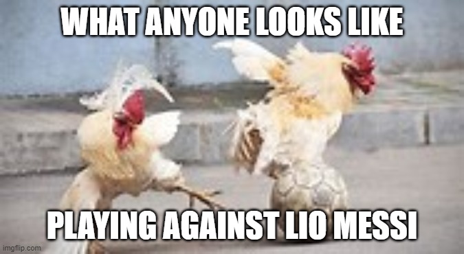 WHAT ANYONE LOOKS LIKE; PLAYING AGAINST LIO MESSI | image tagged in soccer,chickens competing,messi | made w/ Imgflip meme maker