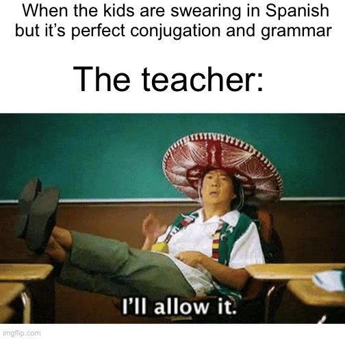 I mean, I guess you can allow it | When the kids are swearing in Spanish but it’s perfect conjugation and grammar; The teacher: | image tagged in i ll allow it | made w/ Imgflip meme maker