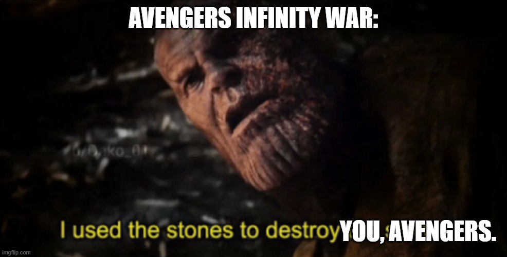 he wiped away 50% of life and the avengers | AVENGERS INFINITY WAR:; YOU, AVENGERS. | image tagged in i used the stones to destroy the stones | made w/ Imgflip meme maker