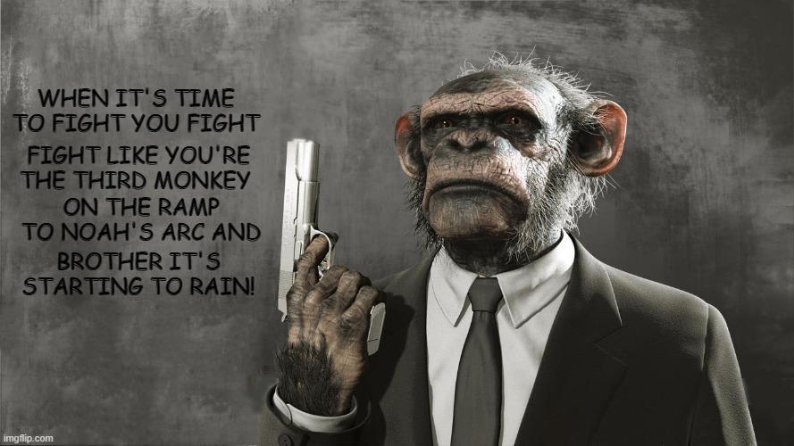 The Crazy Conservative | WHEN IT'S TIME TO FIGHT YOU FIGHT; FIGHT LIKE YOU'RE THE THIRD MONKEY; ON THE RAMP TO NOAH'S ARC AND; BROTHER IT'S STARTING TO RAIN! | image tagged in the crazy conservative | made w/ Imgflip meme maker