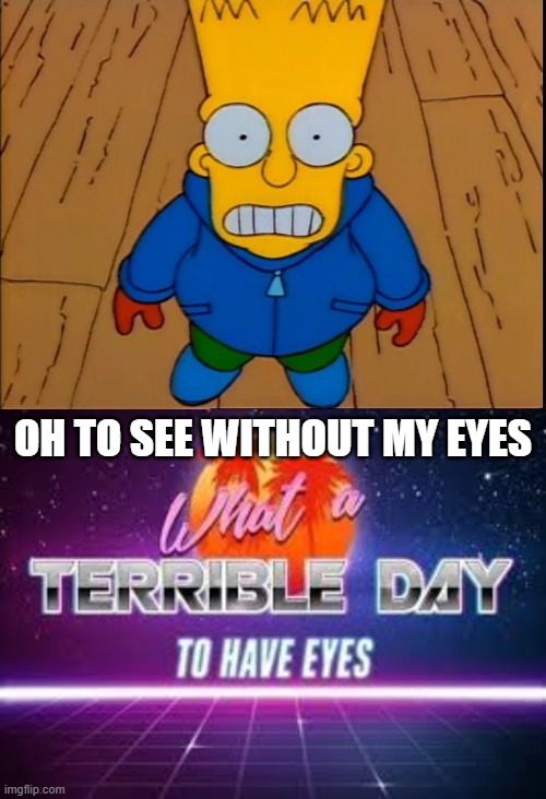  OH TO SEE WITHOUT MY EYES | image tagged in what a terrible day to have eyes | made w/ Imgflip meme maker