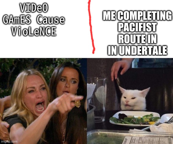 two woman yelling at a cat | ME COMPLETING PACIFIST ROUTE IN IN UNDERTALE; VIDeO GAmES Cause VioLeNCE | image tagged in two woman yelling at a cat | made w/ Imgflip meme maker