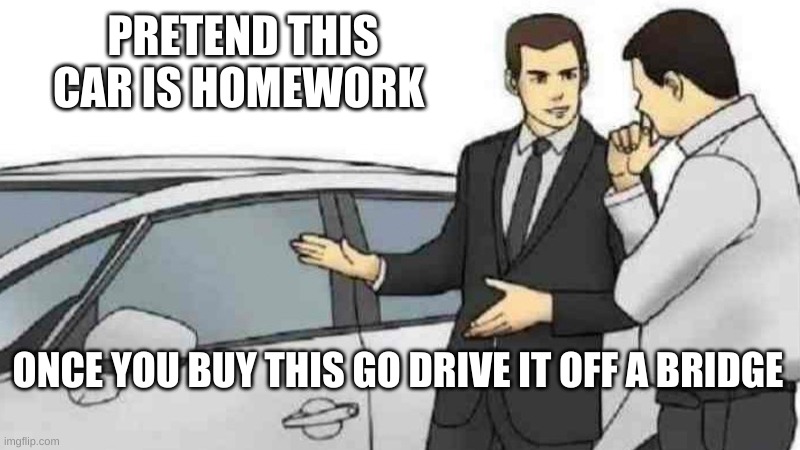Car Salesman Slaps Roof Of Car | PRETEND THIS CAR IS HOMEWORK; ONCE YOU BUY THIS GO DRIVE IT OFF A BRIDGE | image tagged in memes,car salesman slaps roof of car | made w/ Imgflip meme maker
