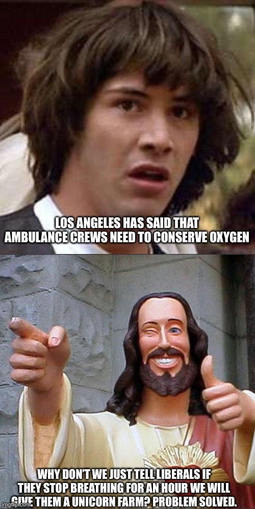 They would believe it | LOS ANGELES HAS SAID THAT AMBULANCE CREWS NEED TO CONSERVE OXYGEN; WHY DON’T WE JUST TELL LIBERALS IF THEY STOP BREATHING FOR AN HOUR WE WILL GIVE THEM A UNICORN FARM? PROBLEM SOLVED. | image tagged in memes,conspiracy keanu,buddy christ | made w/ Imgflip meme maker