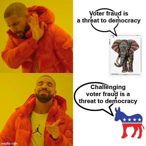 Ummm...It's the Fraud | Voter fraud is a threat to democracy; Challenging voter fraud is a threat to democracy | image tagged in memes,drake hotline bling,voter fraud,republicans,democrats | made w/ Imgflip meme maker