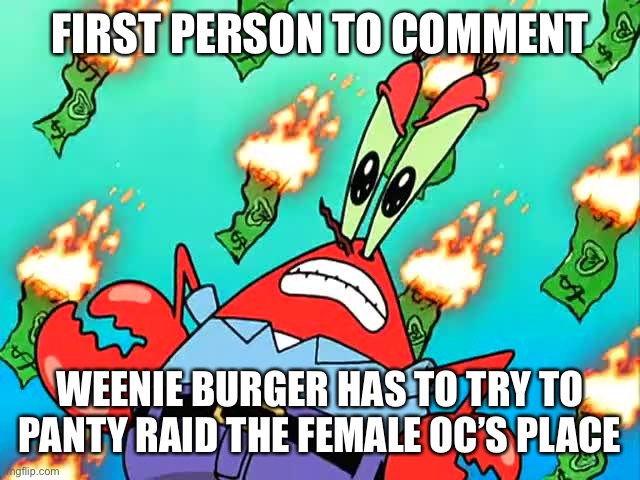 I fully regret this one | FIRST PERSON TO COMMENT; WEENIE BURGER HAS TO TRY TO PANTY RAID THE FEMALE OC’S PLACE | image tagged in pissed off mr krabs | made w/ Imgflip meme maker