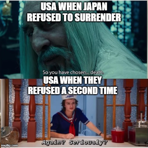 Wll meme dont know if it is funny let me know in comments | USA WHEN JAPAN REFUSED TO SURRENDER; USA WHEN THEY REFUSED A SECOND TIME | image tagged in memes | made w/ Imgflip meme maker