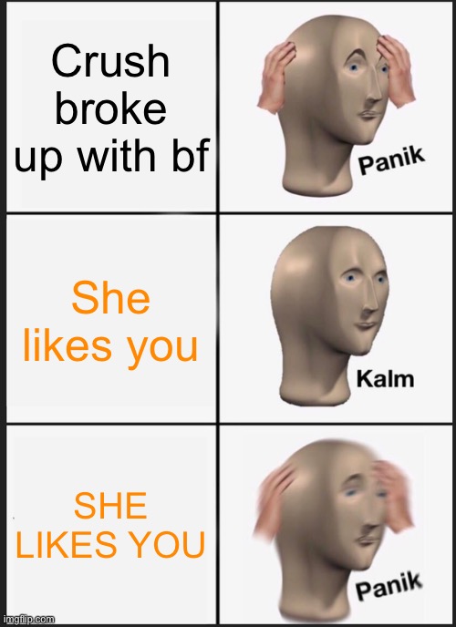 Panik Kalm Panik Meme | Crush broke up with bf; She likes you; SHE LIKES YOU | image tagged in memes,panik kalm panik | made w/ Imgflip meme maker