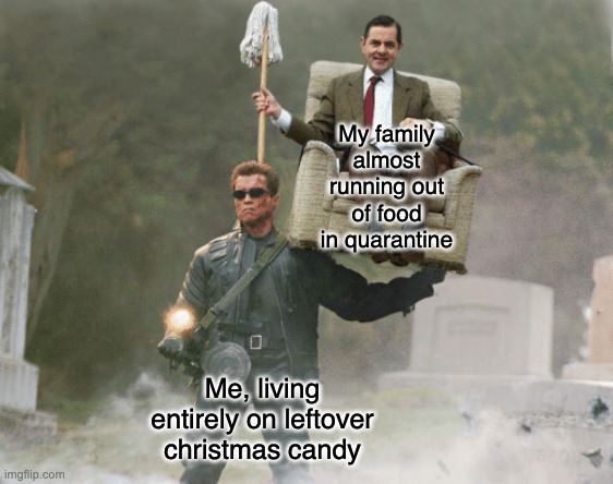 Arnold Schwarzenegger Mr. Bean | My family almost running out of food in quarantine; Me, living entirely on leftover christmas candy | image tagged in arnold schwarzenegger mr bean | made w/ Imgflip meme maker