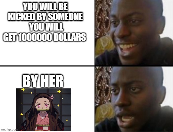 demon slayer 30/10 anime | YOU WILL BE KICKED BY SOMEONE  YOU WILL GET 1000000 DOLLARS; BY HER | image tagged in oh yeah oh no | made w/ Imgflip meme maker