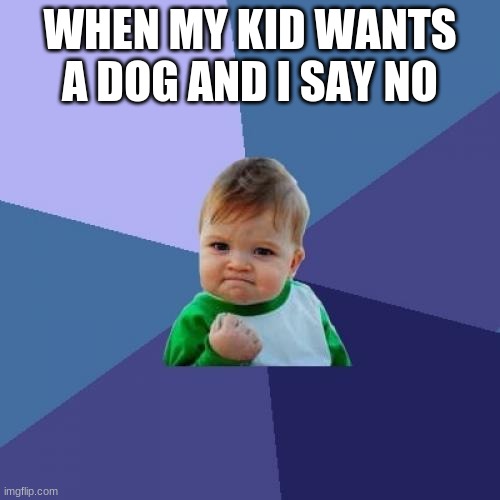 Success Kid Meme | WHEN MY KID WANTS A DOG AND I SAY NO | image tagged in memes,success kid | made w/ Imgflip meme maker