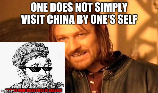 One Does Not Simply | ONE DOES NOT SIMPLY VISIT CHINA BY ONE'S SELF; WHATEV WORTHLESS PIECE OF GARBAGE | image tagged in memes,one does not simply | made w/ Imgflip meme maker