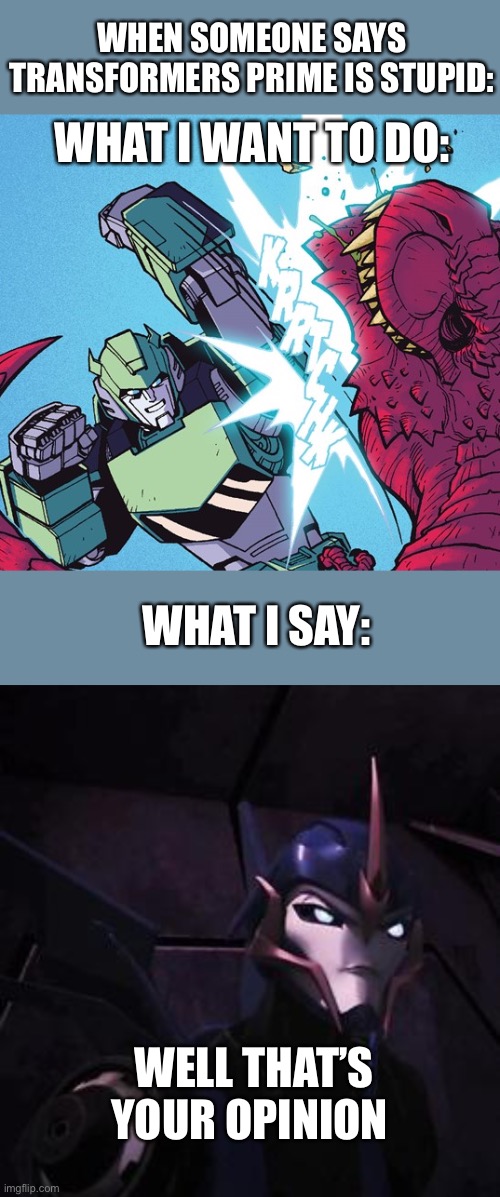 It’s not stupid | WHEN SOMEONE SAYS TRANSFORMERS PRIME IS STUPID:; WHAT I WANT TO DO:; WHAT I SAY:; WELL THAT’S YOUR OPINION | image tagged in transformers,arcee,transformers prime,tfp | made w/ Imgflip meme maker