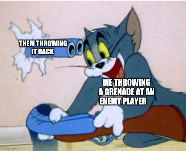 Tom and Jerry | THEM THROWING IT BACK; ME THROWING A GRENADE AT AN ENEMY PLAYER | image tagged in tom and jerry | made w/ Imgflip meme maker