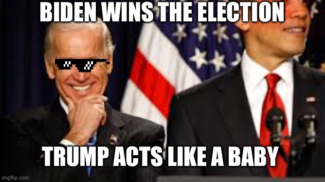joe biden meme | BIDEN WINS THE ELECTION; TRUMP ACTS LIKE A BABY | image tagged in joe biden meme | made w/ Imgflip meme maker