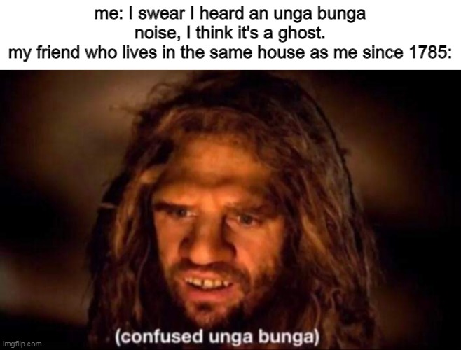 cOnFuSeD UNg@bUnGa | me: I swear I heard an unga bunga noise, I think it's a ghost.
my friend who lives in the same house as me since 1785: | image tagged in confused unga bunga,funny,memes | made w/ Imgflip meme maker