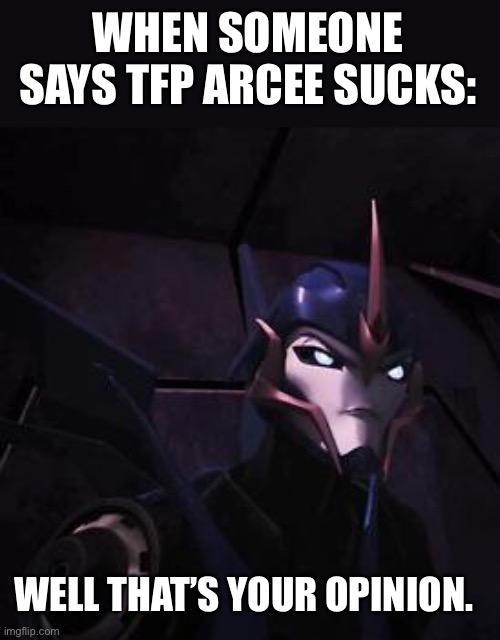 She is my favorite | WHEN SOMEONE SAYS TFP ARCEE SUCKS:; WELL THAT’S YOUR OPINION. | image tagged in arcee,tfp,transformers prime | made w/ Imgflip meme maker