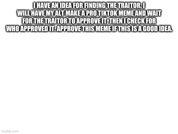 Blank White Template | I HAVE AN IDEA FOR FINDING THE TRAITOR. I WILL HAVE MY ALT MAKE A PRO TIKTOK MEME AND WAIT FOR THE TRAITOR TO APPROVE IT. THEN I CHECK FOR WHO APPROVED IT. APPROVE THIS MEME IF THIS IS A GOOD IDEA. | image tagged in blank white template | made w/ Imgflip meme maker