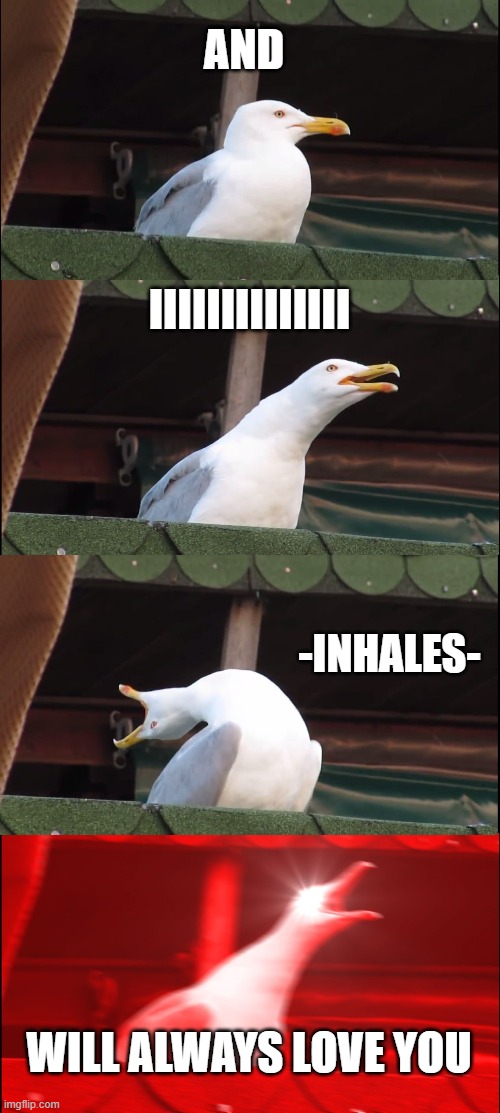 Inhaling Seagull Meme | AND; IIIIIIIIIIIIII; -INHALES-; WILL ALWAYS LOVE YOU | image tagged in memes,inhaling seagull | made w/ Imgflip meme maker